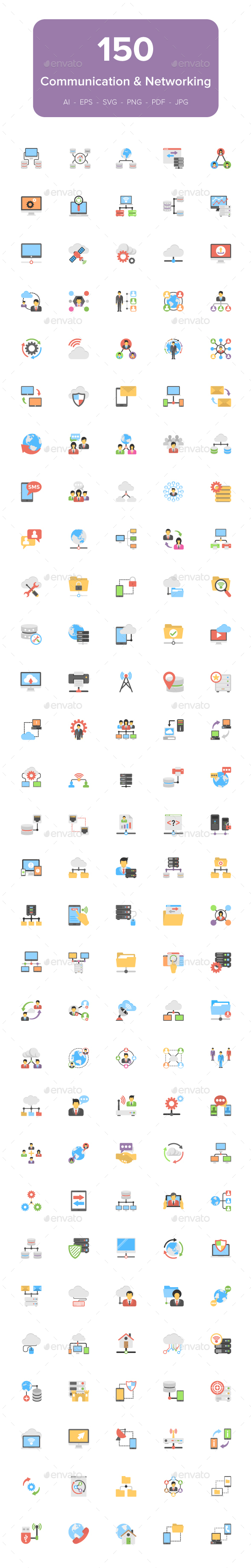 150 Communication and Networking Flat Icons - Icons