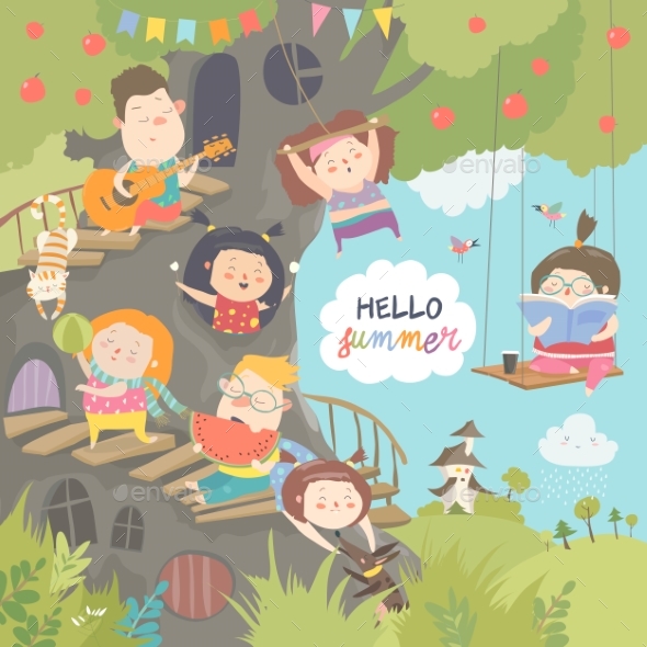 Children Playing and Having Fun in the Treehouse - People Characters