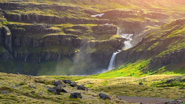 Seljalandfoss Waterfall. Beautiful Summer Sunny Day. Iceland