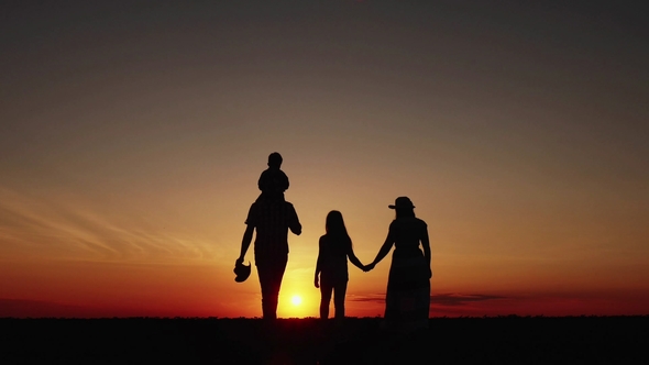 Silhouette at Sunset Happy Family Walking, Stock Footage | VideoHive