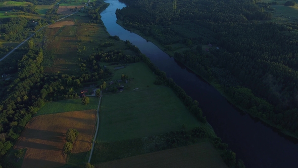 Aerial Landcape of River in Green Meadows