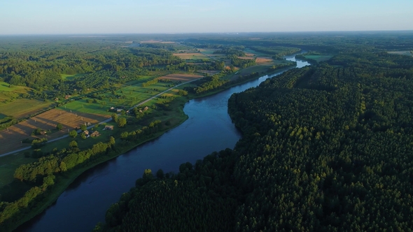 Aerial Landcape of River in Green Meadows