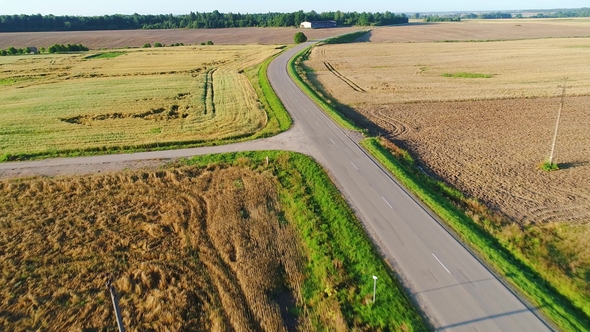 Flight Over Road in Summer Field