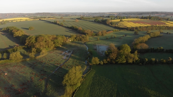 Misty Fields in Morning Birds Eye View