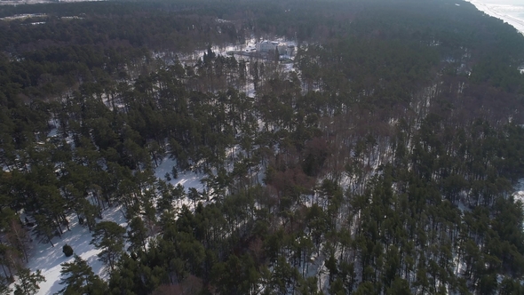 Flight Over Big Old Manor House at Winter