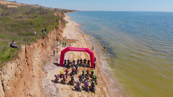 Aerial View of the Final Stage of the Enduro Extreme Race on the Seashore in