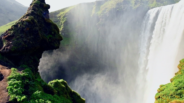 Great Waterfall Skogafoss in South of Iceland Near the Town of Skogar