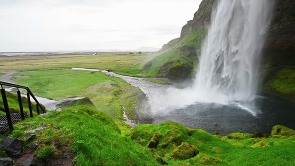 Seljalandfoss Waterfall. Beautiful Summer Sunny Day