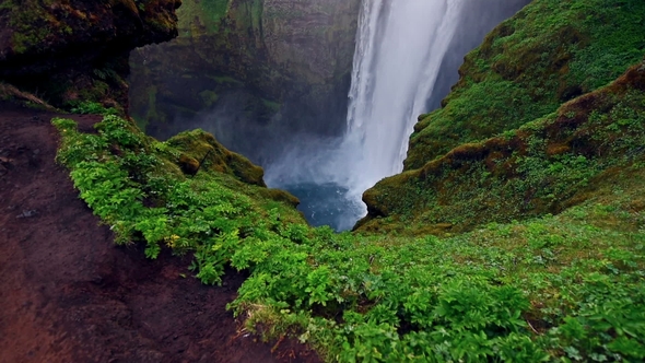 Great Waterfall Skogafoss in South of Iceland Near the Town of Skogar