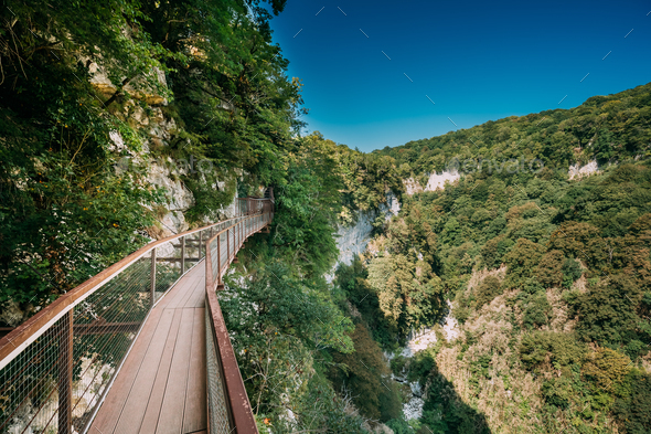 Zeda-gordi, Georgia. View Of Narrow Suspension Bridge Or Pendant - Stock Photo - Images
