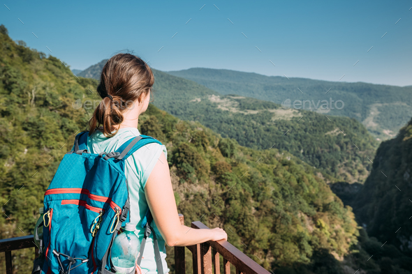 Zeda-gordi, Georgia. Back View Of Woman Standing On Narrow Suspe - Stock Photo - Images