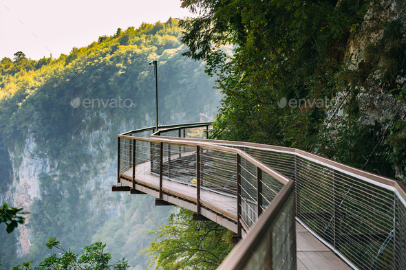 Zeda-gordi, Georgia. View Of Narrow Suspension Bridge Or Pendant - Stock Photo - Images