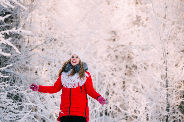Young Beautiful Pretty Caucasian Girl Woman Dressed In Red Jacke - Stock Photo - Images
