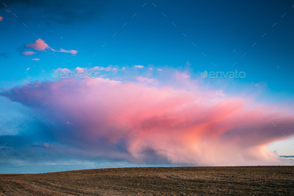 Spring Field At Evening Sunset. Morning Natural Bright Dramatic - Stock Photo - Images