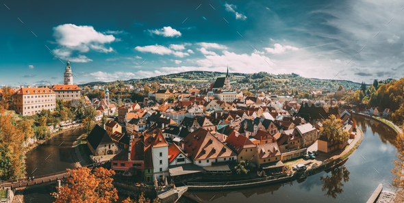 Panorama Of Cesky Krumlov Cityscape, Czech Republic. Sunny Autum - Stock Photo - Images