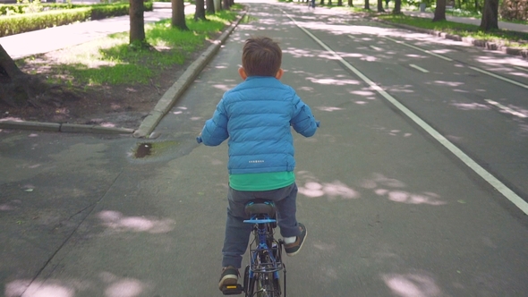 Little Boy Riding Blue Bicycle in the City Park