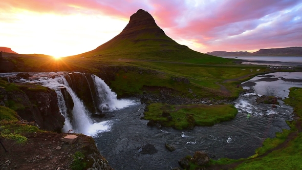 Panorama Spring in Western Iceland Kirkyufetl Mountain Waterfall Cascades at Sunset