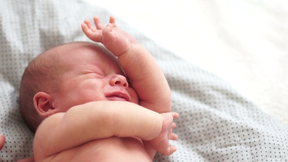 The Dream of a Newborn Baby. The Three-week-old Baby Waving His Hands in a Dream, the Little Face alt
