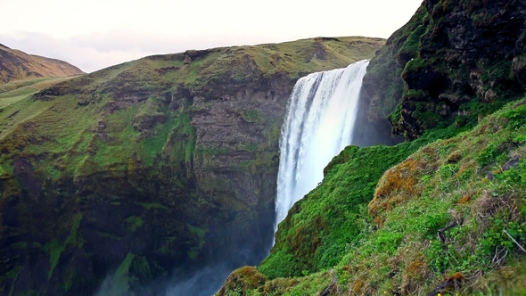 Great Waterfall Skogafoss in South of Iceland Near the Town of Skogar