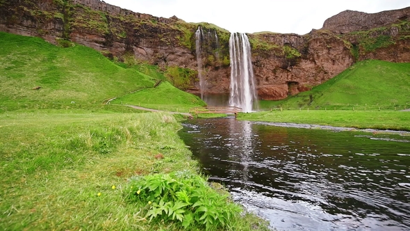Seljalandfoss Waterfall. Beautiful Summer Sunny Day. Iceland