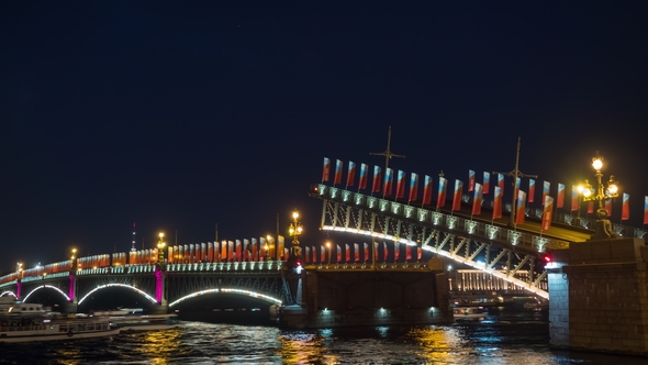 Raising Trinity Bridge in St.Petersburg, Russia