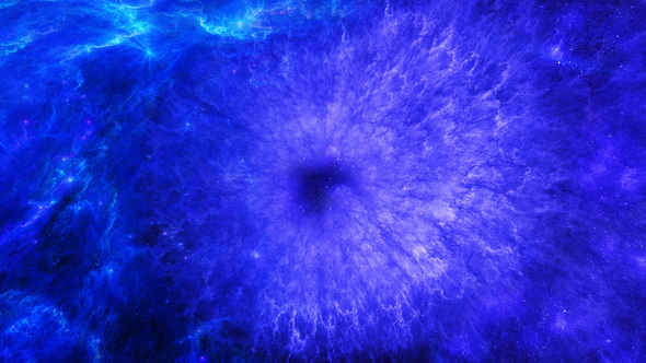 Travel Through Abstract Blue Space Nebula to Bright Energy Waves