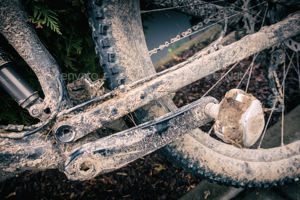 Mountain biking, dirty and broken bicycle closeup - Stock Photo - Images
