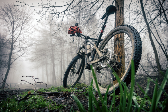 Mountain bike and helmet in autumn woods Stock Photo by blas | PhotoDune