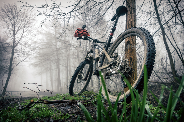 Mountain bike and helmet in autumn woods - Stock Photo - Images
