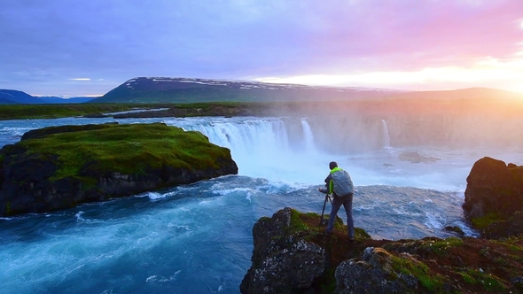 Fantastic Sunset. Hodafoss Very Beautiful Icelandic Waterfall 12 Meters High