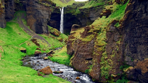 Fantastic Landscape of Mountains and Waterfalls in Iceland
