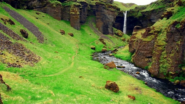 Fantastic Landscape of Mountains and Waterfalls in Iceland