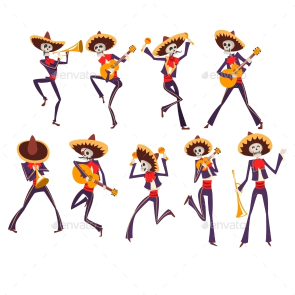 Skeleton in Mexican National Costumes Dancing - People Characters