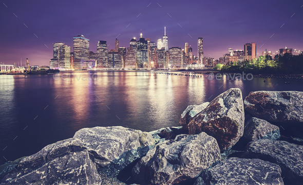 Manhattan Skyline Seen From Brooklyn At Night Nyc Stock Photo By Maciejbledowski