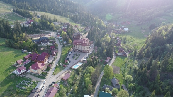 Flight Over the Village in the Ukrainian Carpathians Mountains. Grand ...