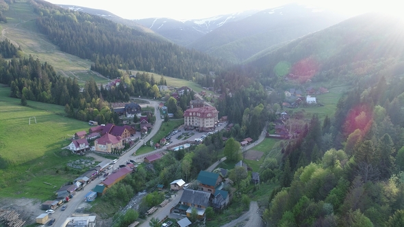 Flight Over the Village in the Ukrainian Carpathians Mountains. Grand Hotel Pylypets 