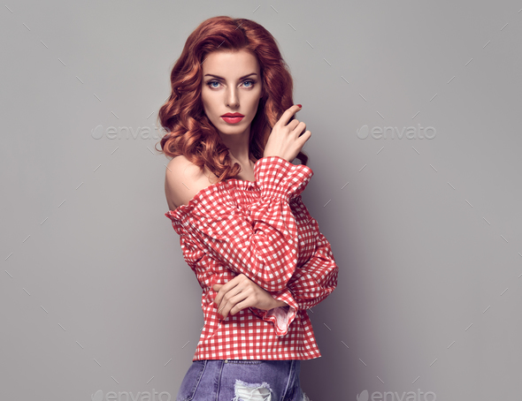 PinUp Portrait Beauty Redhead Girl.Curly hairstyle Stock Photo by 918Evgenij