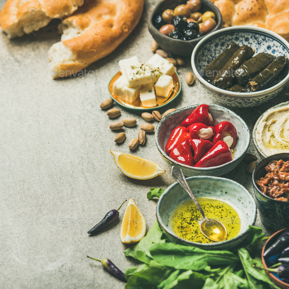 Mediterranean or Middle Eastern meze starter fingerfood assortment, square crop - Stock Photo - Images