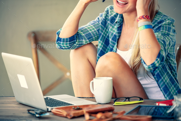 Happy girl speaking on the phone - Stock Photo - Images