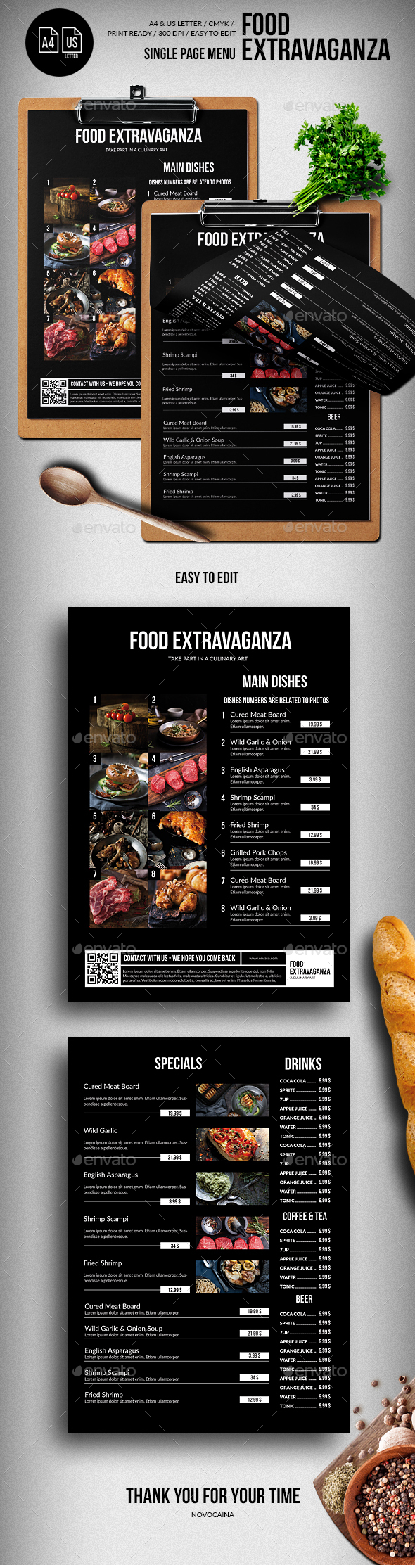 Multipurpose Extravaganza Single Page Menu - A4 & US Letter - Food Menus Print Templates