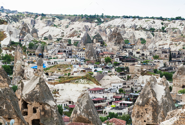 Goreme town with modern and ancient houses - Stock Photo - Images