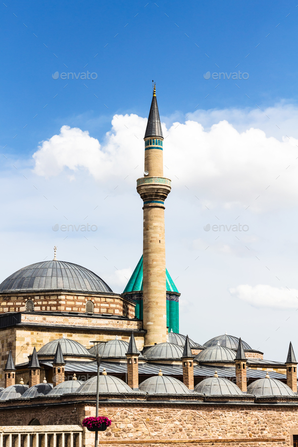 minaret and roofs of Rumi Mausoleum in Konya - Stock Photo - Images