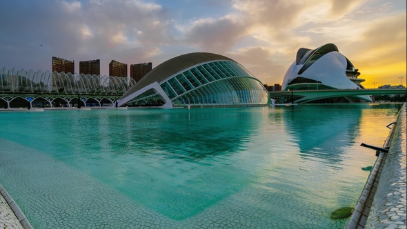 Futuristic Buildings in the Park of Turia During the Spring Sunset in Valencia