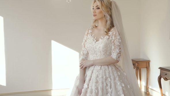 Happy Wedding Couple Caresses at Window in Room alt