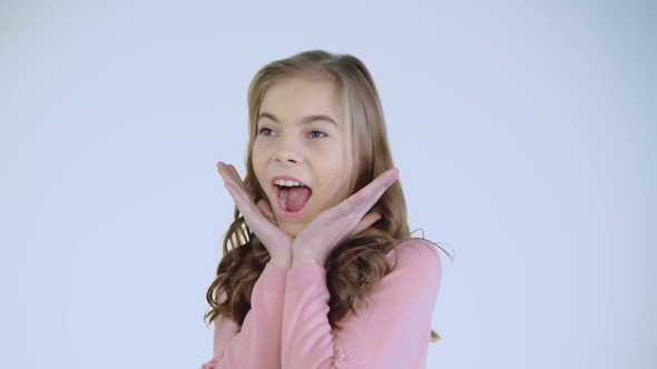 Young Girl Wondering and Stretching Out Arms at Camera. Slowly alt