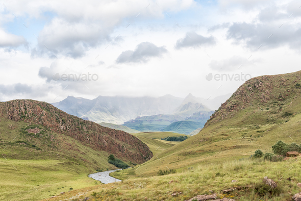 Landscape on P317-road to Garden Castle in Drakensberg - Stock Photo - Images