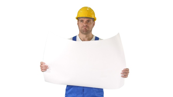 Construction worker checking blueprints on site on white alt