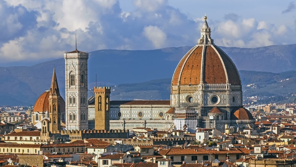 Florence and Cathedral Santa Maria Del Fiore, Evening, Florence, Italy. Clouds alt