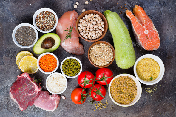 Healthy food eating сertain Protein Prevents Cancer: fish, meat, spice, vegetable, cereal Stock Photo by lyulkamazur