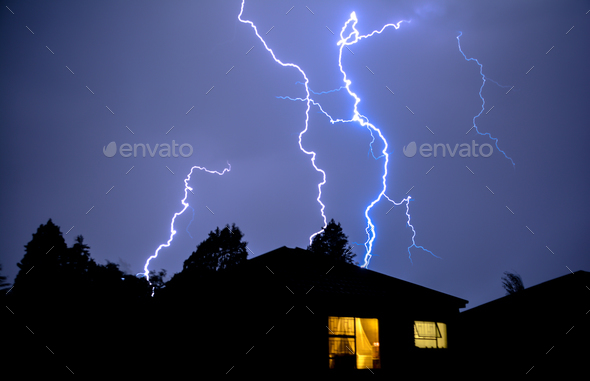 Rooftop Lightning Strikes - Stock Photo - Images